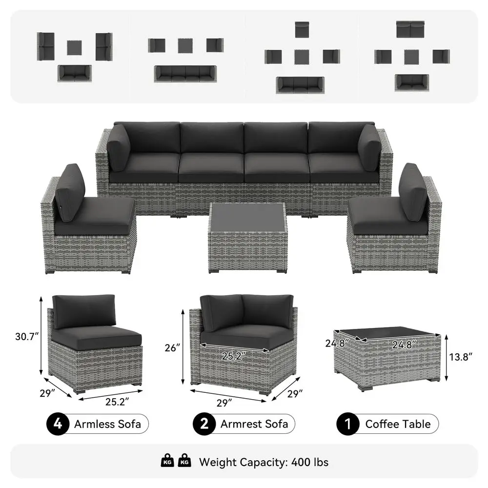 

7Piece Patio Furniture Set, Wicker Rattan Outdoor Furniture with Thick Cushions, Patio Conversation Sets with Coffee Table, Out