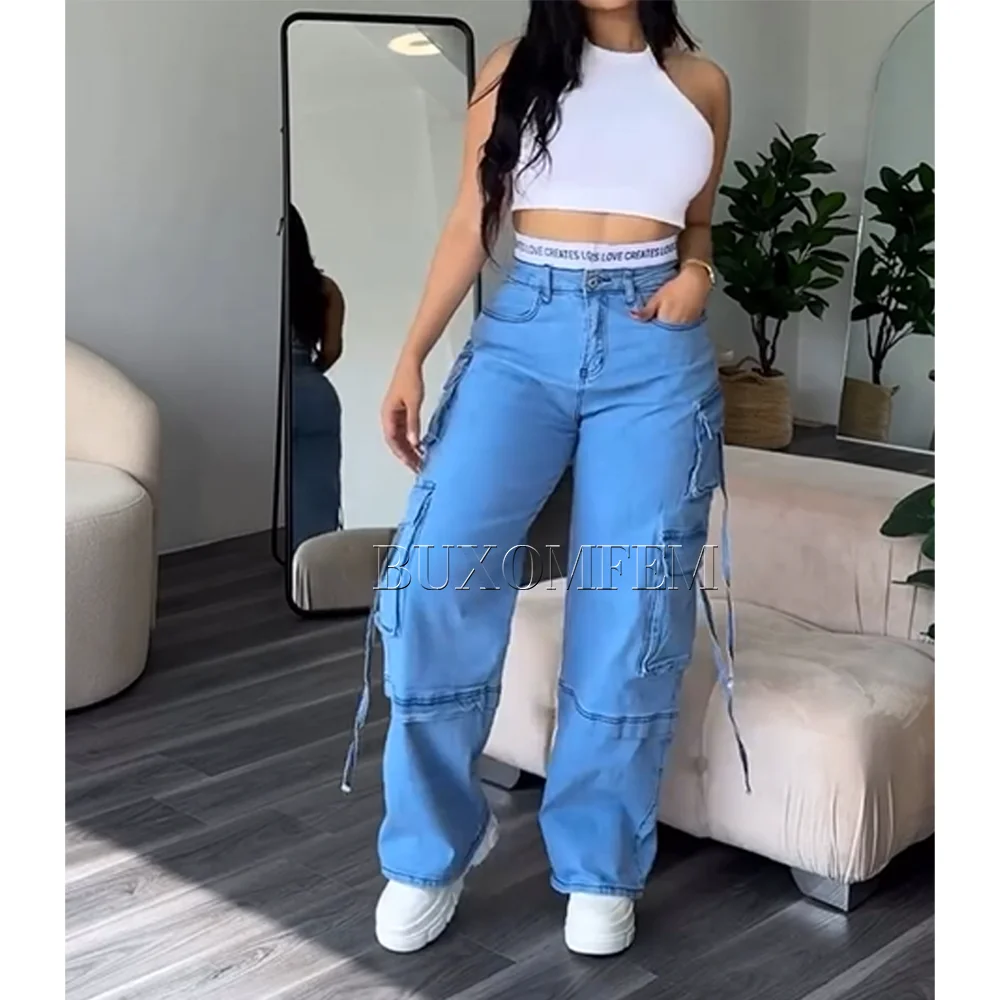 Jeans multitasche da donna, giunture retrò, coulisse, pantaloni da ragazza Cool, Streetwear Casual larghi, nuovi pantaloni, moda