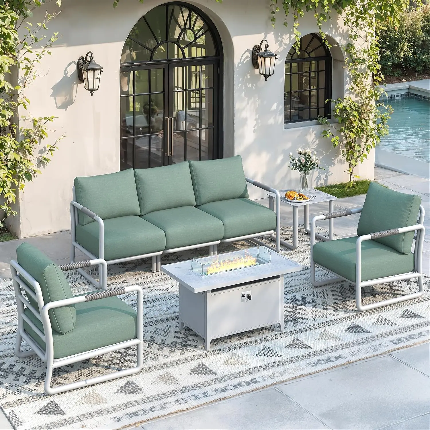 7-Piece Outdoor Aluminum Patio Furniture Set with 55,000 BTU Fire pit Table, Customized