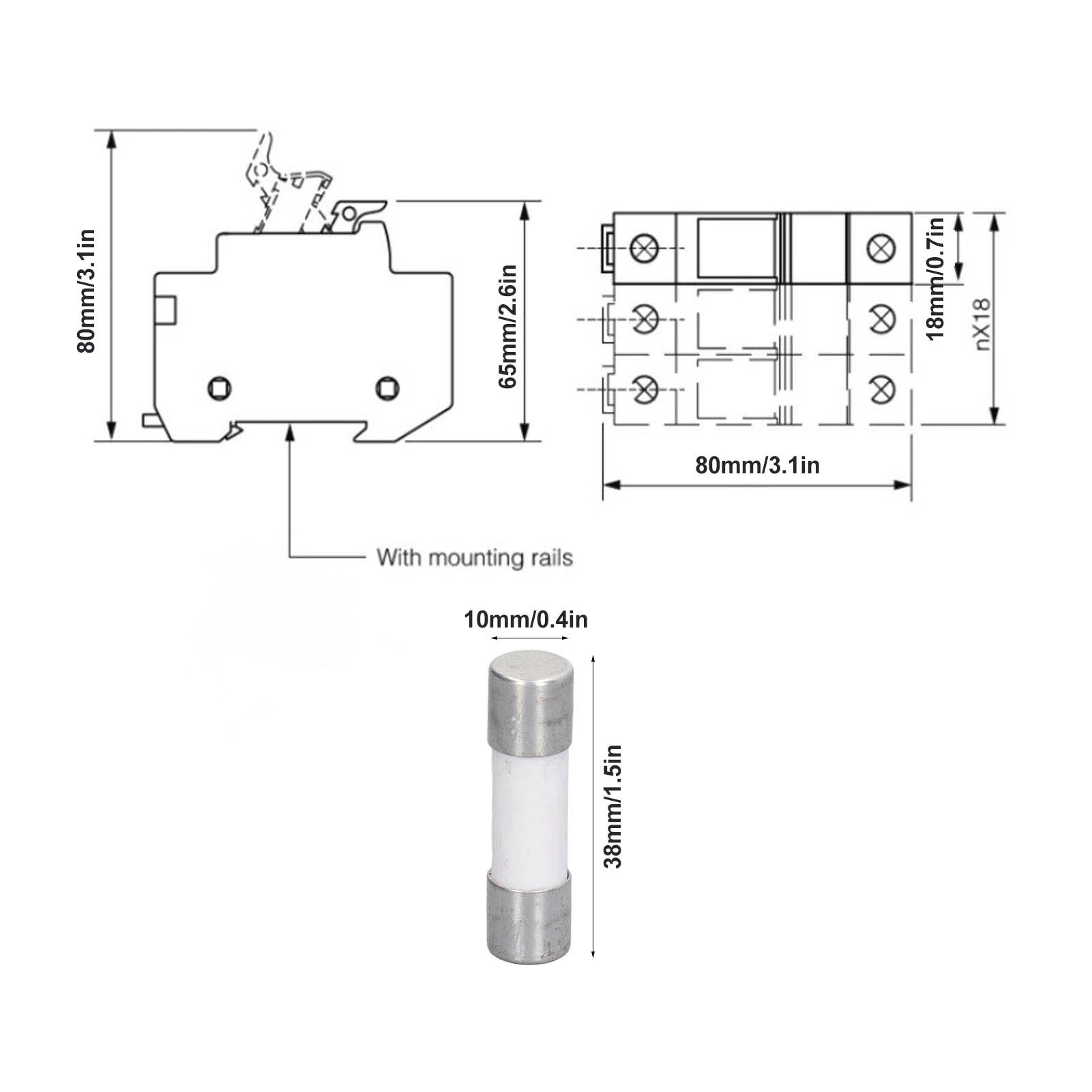 DC Fuse Holder 1P 32A DIN Rail Mounted Flame Retardant PV Fuses Base with 20A 10x38mm Fuse 1000VDC
