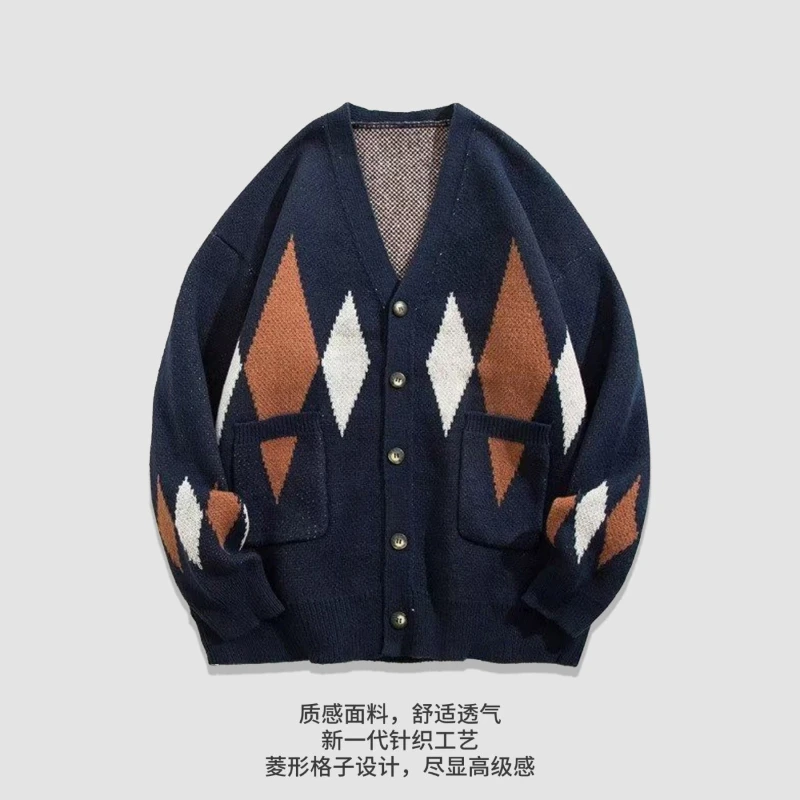Men V Neck Argyle Cardigan Color Block Knit Jacket Casual Long Sleeve Outerwear For Autumn Winter