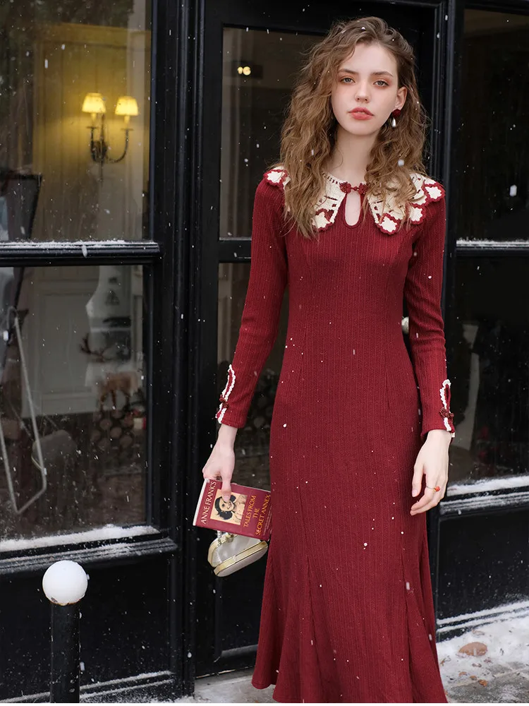 

AIGYPTOS Fall Christmas Red Dress Women Elegant Slim Improved Cheongsam Fish Tail Dress Manual Crochet Knitted Mermaid Dress