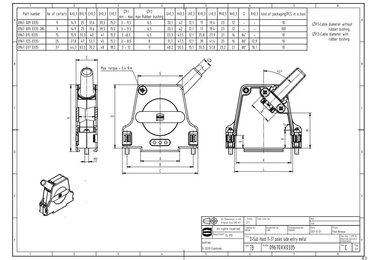 09670250335  HARTING  D Sub side entry met.hood 25pole with