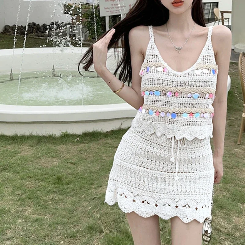 Bohemian Style Women Dress Sets Holiday Hollow Out Sleeveless Summer Harajuku Breathable Prevalent Vitality American Drawstring