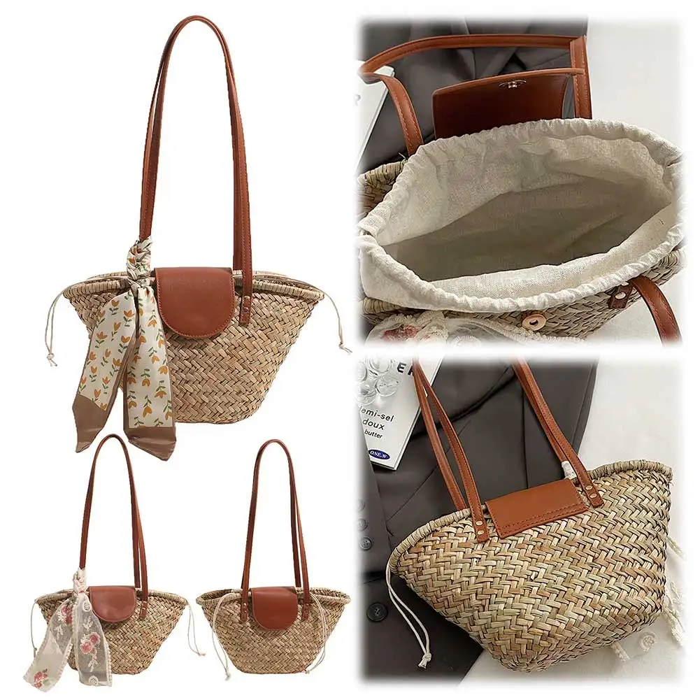 Women Straw Woven Tote Bag Summer Beach Bags Large Capacity Fashion Woven Handbag with Ribbon Chic Hobo Bag for Outdoor Travel