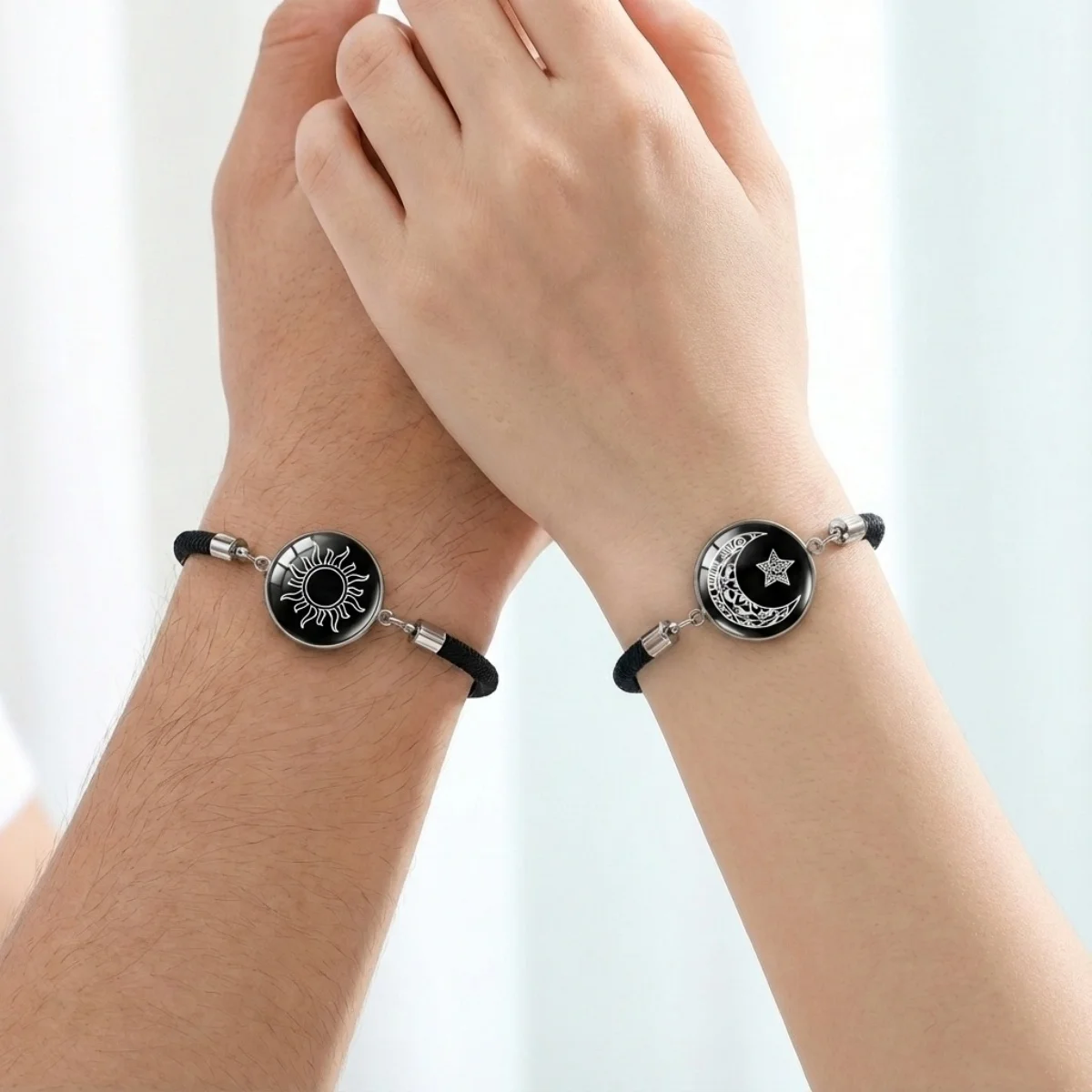 Moon Sun Pattern Glow In Dark Stainless Steel Couple Bracelet For Women Men Luminous Round Glass Black White Rope Bangle Jewelry