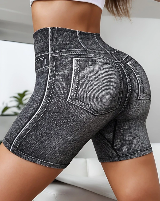 

Women's Sporty Shorts 2024 Summer Autumn Latest Denim Look Print Breathable High Waist Active Shorts Above Knee Skinny Trousers