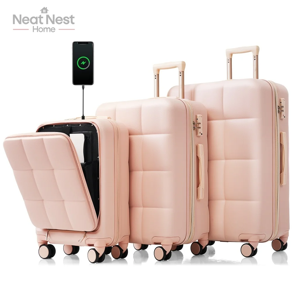 

3 Piece Luggage Sets, suitcase with USB Port and front opening design, Hard Shell Luggage with Spinner Wheels and Cup Holder