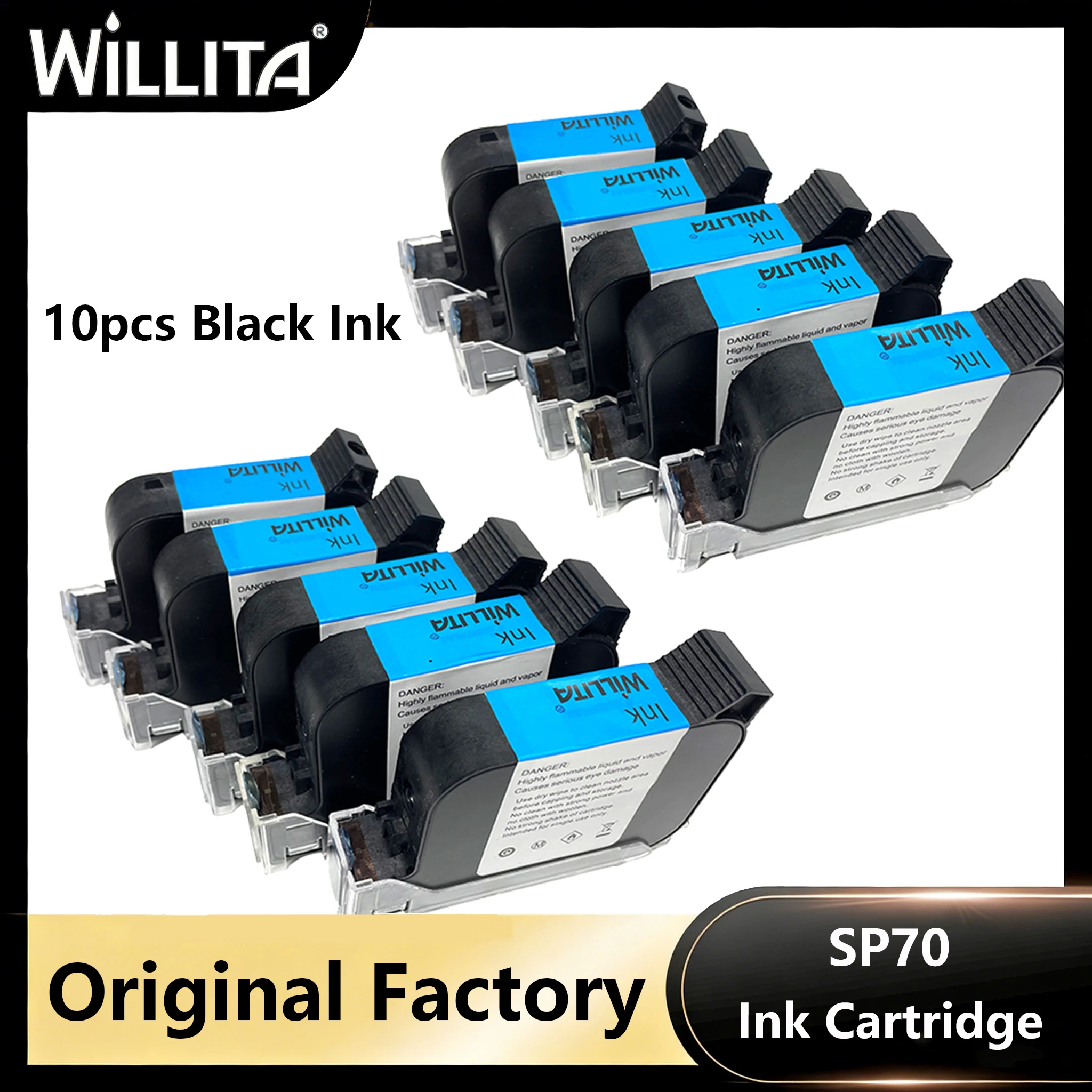 WILLITA 10PCS SP70 Compatible Handheld Printer Ink Cartridge Fast Dry Eco Solvent Black Ink Cartridge 12.7mm Print Height