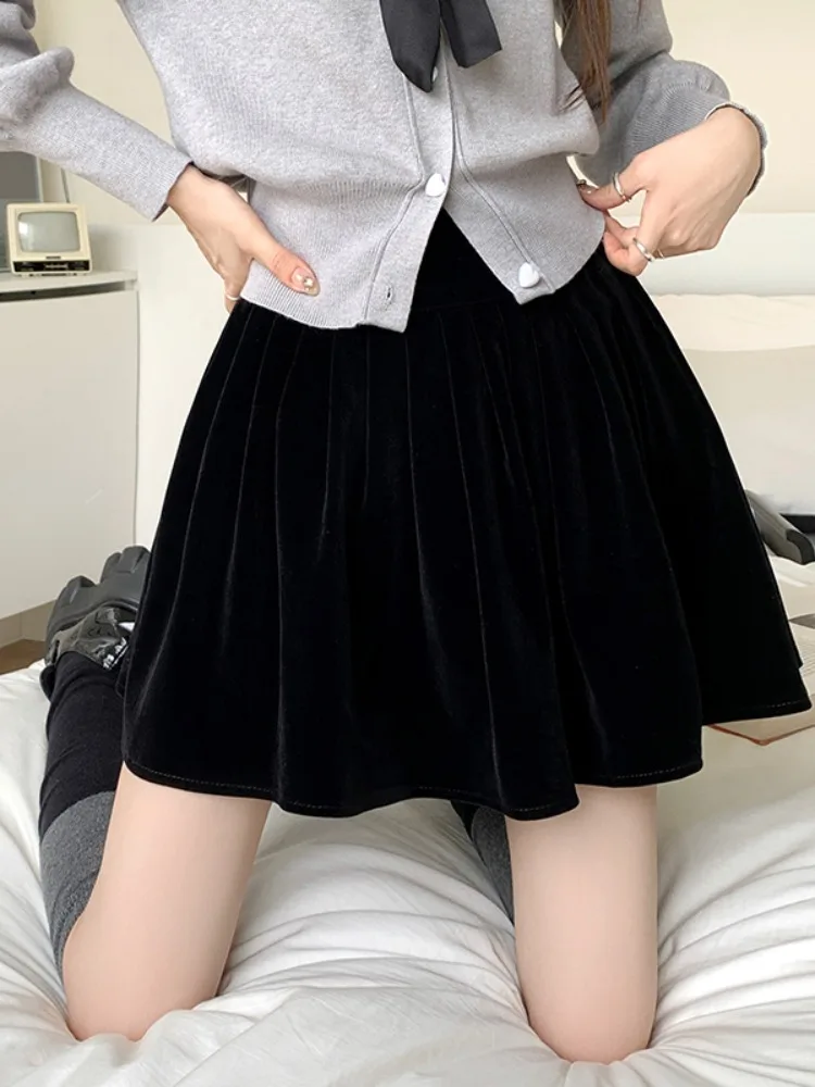 Spódnica damska z wysokim stanem, aksamitna, w kratę, trapezowa, w stylu koreańskim, do pracy, jednolita, codzienna, z wysokim stanem, z włókna poliestrowego.