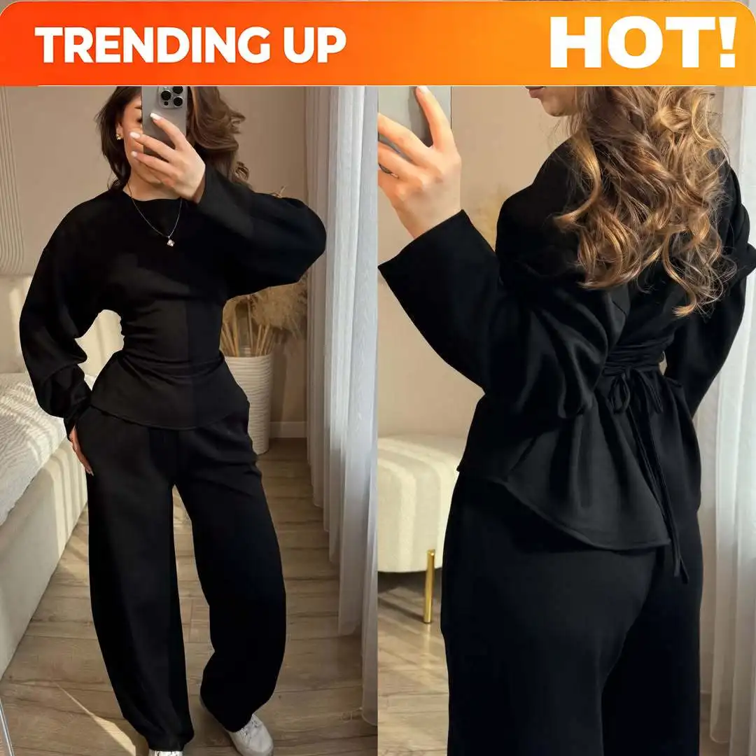 Customization Women's Matching Sets Crew Neck Long Sleeve Simple Top Slim Trend Wide Leg Pants Set Women's Tracksuit 2026 Femme