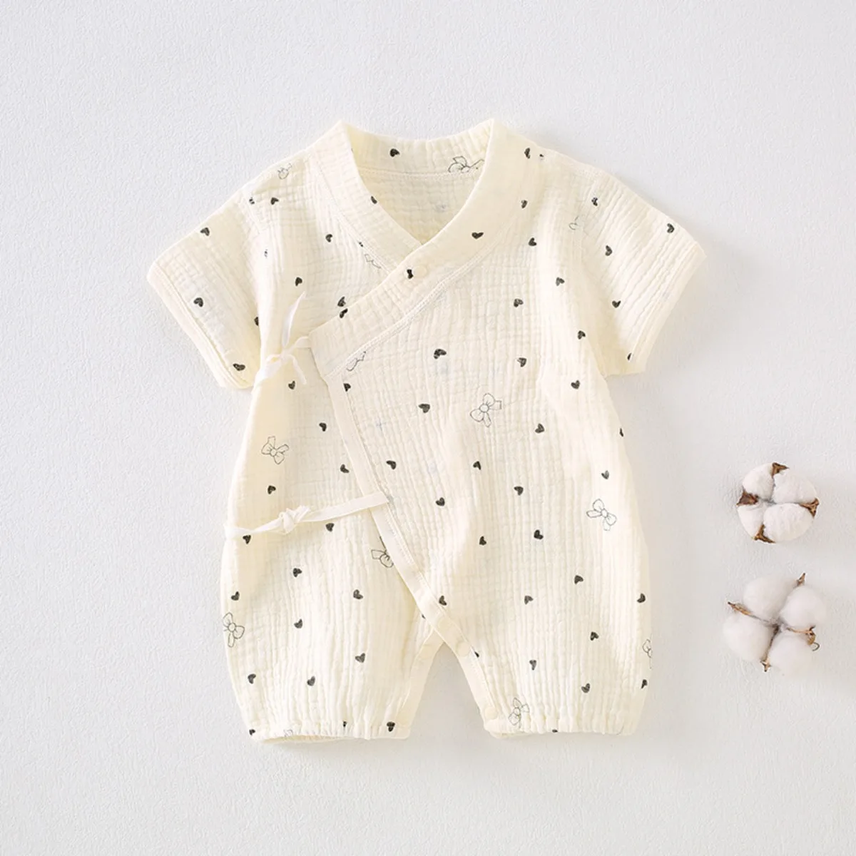 Newborn Baby Cotton Muslin Romper Summer Short Sleeve Kimoso Bodysuit Soft Breathable AC-Room Essential Cute Print Onesie  0-18M