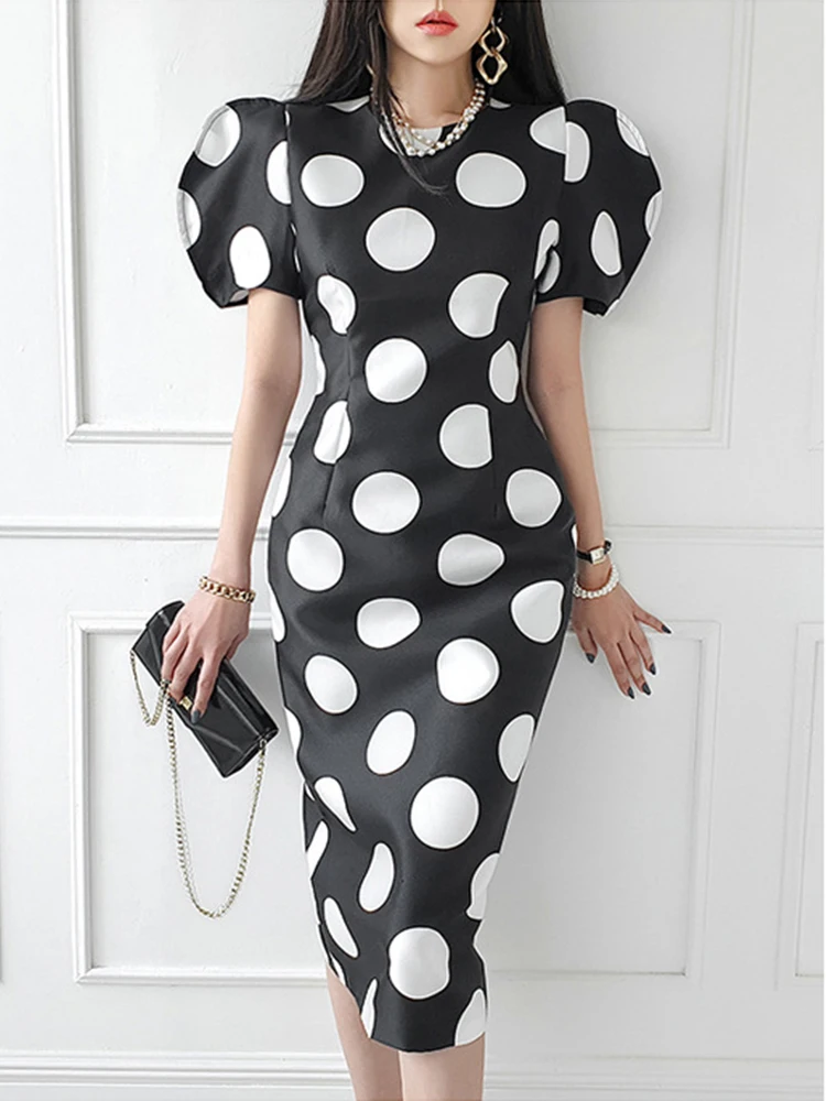 

Summer Elegant Women Evening Dress Commute Formal Vintage Dot Puff Sleeve Slim Midi Pencil Party Club Prom Femme Mujer Vestidos