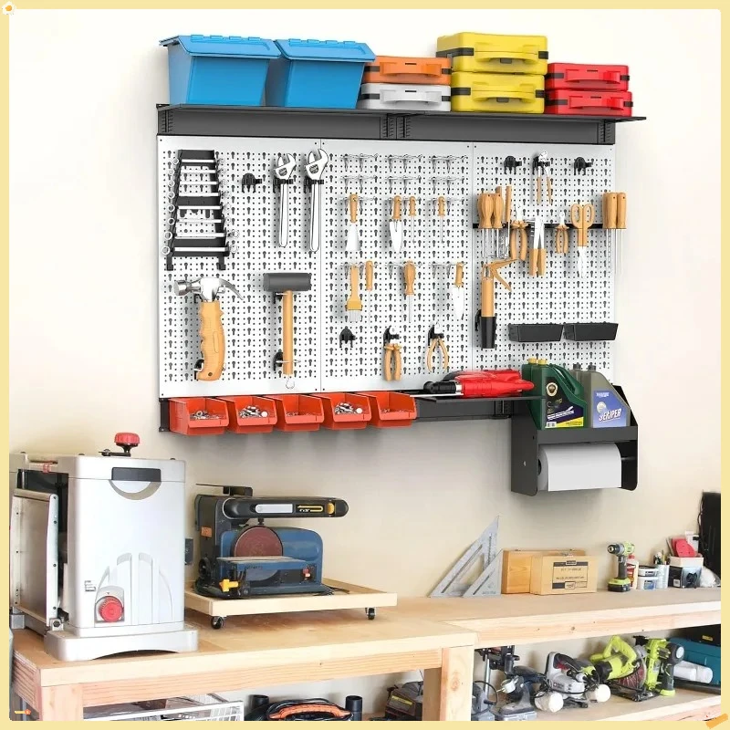 Wall Mounted Tool Organizer 4ft - Metal Pegboard System for Garage Storage with Accessories