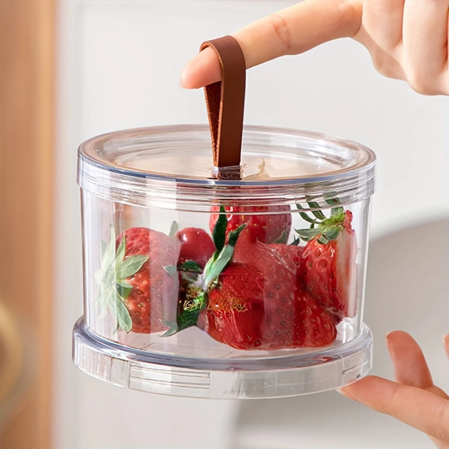 1pc, Light Luxury Transparent Snack Container, Plastic Round Fruit Candy Nut  Box With Leather Handle, Kitchen Organizing Jar,  