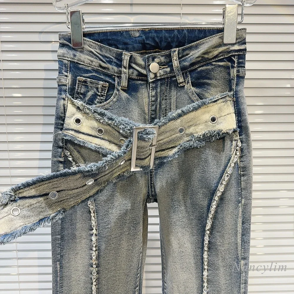 2024 Autumn New American Hot Girl Frayed Metal Buckle Belt Washed and Worn Skinny Jeans for Women Street Flare Pants