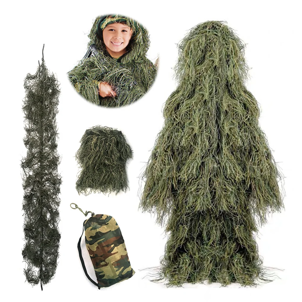 5Pcs/Set Woodland Hunter Ghillie Suit with Jacket Pants Hood Carry Bag Camo Ghillie Suit Hunt Clothing Parts