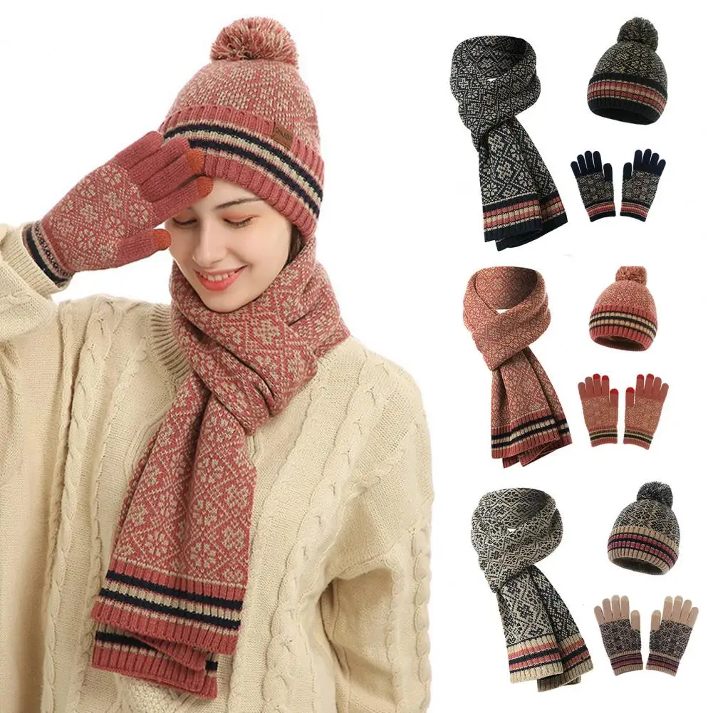 

Women Winter Hat Scarf Gloves Set Stretchable Material Winter Set Jacquard Knit Beanie Hat Long Scarf Touchscreen for Women's