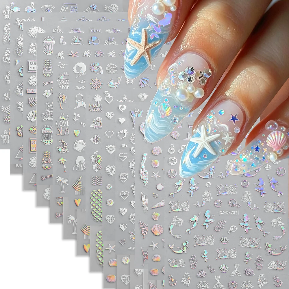 12Pcs/set Aurora Summer Ocean Mermaid Shell Nail Sticker 3D Laser Starfish Seashell Butterfly Hibiscus Flower Nail Decal DIY Dec