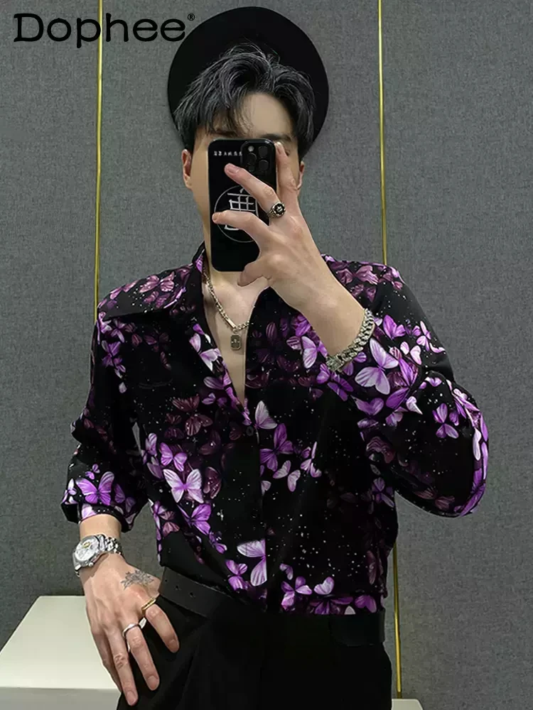 

2024 Summer New Male Butterfly Printed Shirts Men's High-End Non-Ironing Shirts Handsome Loose Long Sleeve Thin Breathable Shirt