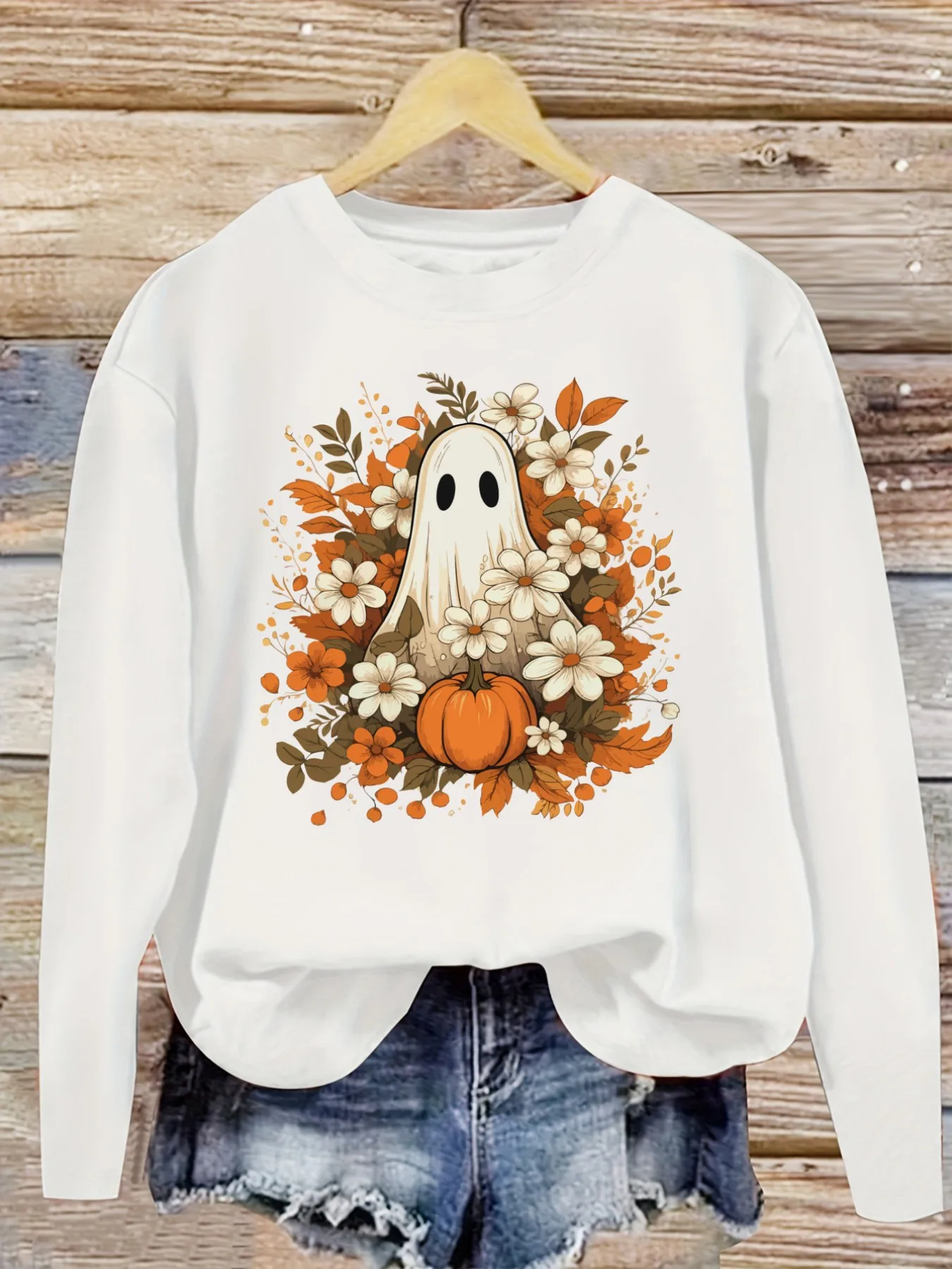 Women's Casual Long Sleeve Crew Neck T-Shirt Ghost Pumpkin Autumn Floral Design Design, Round Neck Women's Clothing, Machine Washable, Slightly Elastic, Loose Fit, Spring Autumn Winter Women's T-Shirt, Halloween Costume Outfit view 5