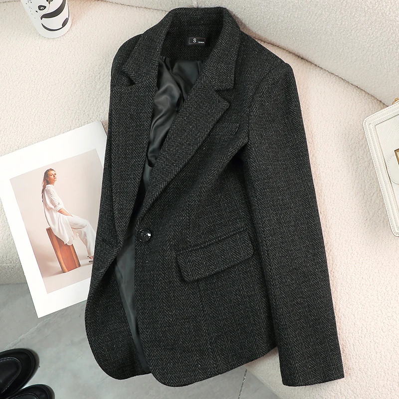 Fall Winter One-button Career Blazer Lady High quality OL Commuter Workwear Long-sleeved Gray Tweed Suit Jacket Formal Occasions