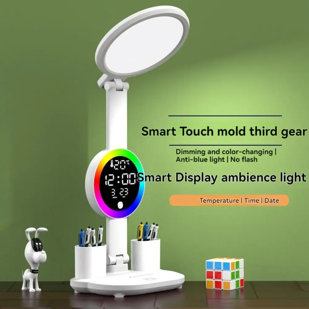 

3 Colors LED Table Lamp Touch Dimming Eye Protection Tabletop Reading Lamp Energy-Efficient with Fan&Time Date Led Bedside Lamp