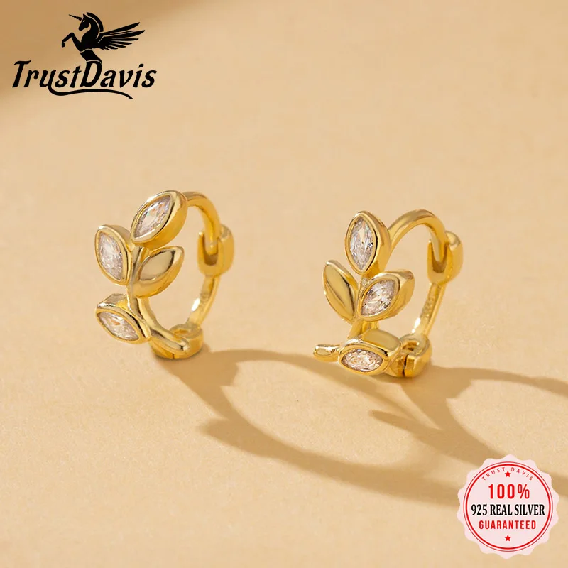 TrustDavis Huggie-Ohrringe aus 925er-Sterlingsilber mit goldenem Blattmuster und Zirkon, zierlich, elegant, minimalistisch, vielseitiger Damenschmuck DS3952