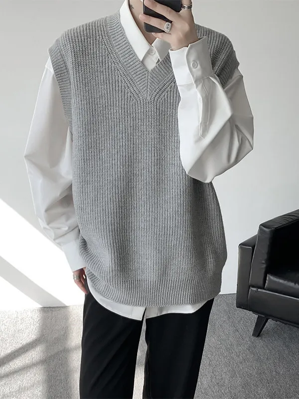 

Мужской вязаный свитер с v-образным вырезом в стиле ретро, жилет свободного покроя, повседневный базовый слой, осень-весна, модный теплый цвет