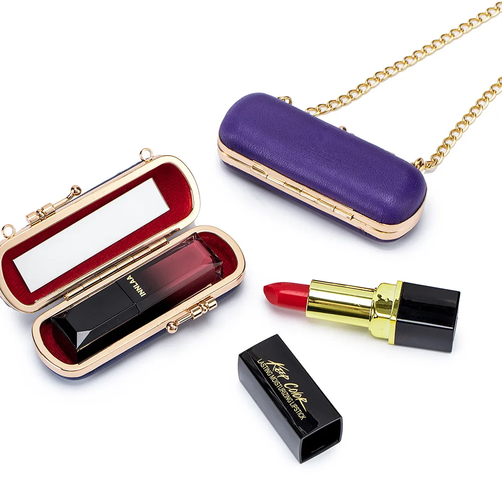 Women's Mini Cosmetic Bag Lipstick Bag Chain Diagonal Portable Cosmetic Case with Mirror Genuine Leather Lady Lipstick Case