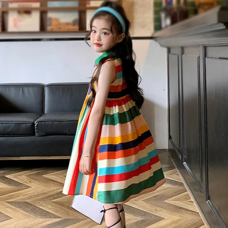 Toddler Girl\'s Shirt Dress Striped Pattern Color Block Dress Sleeveless Button Front Ruffle Cute Dresses