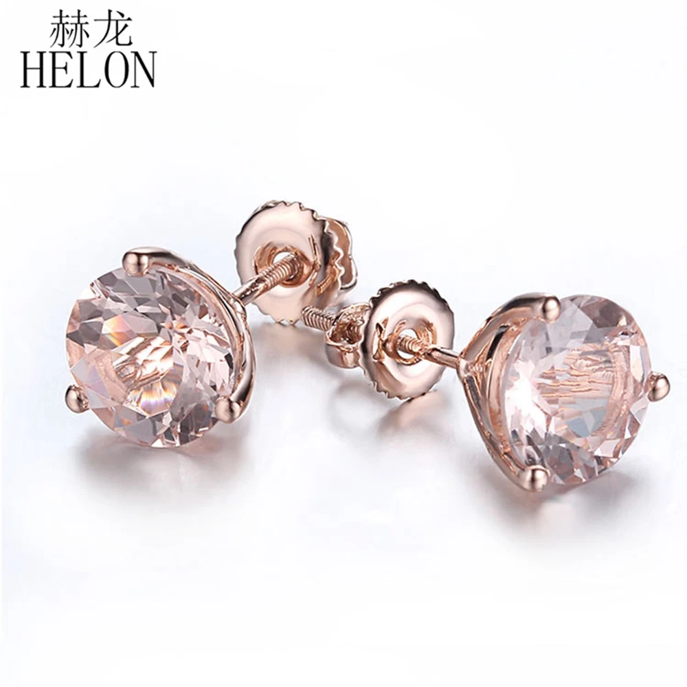 

HELON Real 18K 14k 10k Rose Gold Stud Earrings Round 7mm Round Genuine Morganite Engagement Earrings Women Exquisite Jewelry