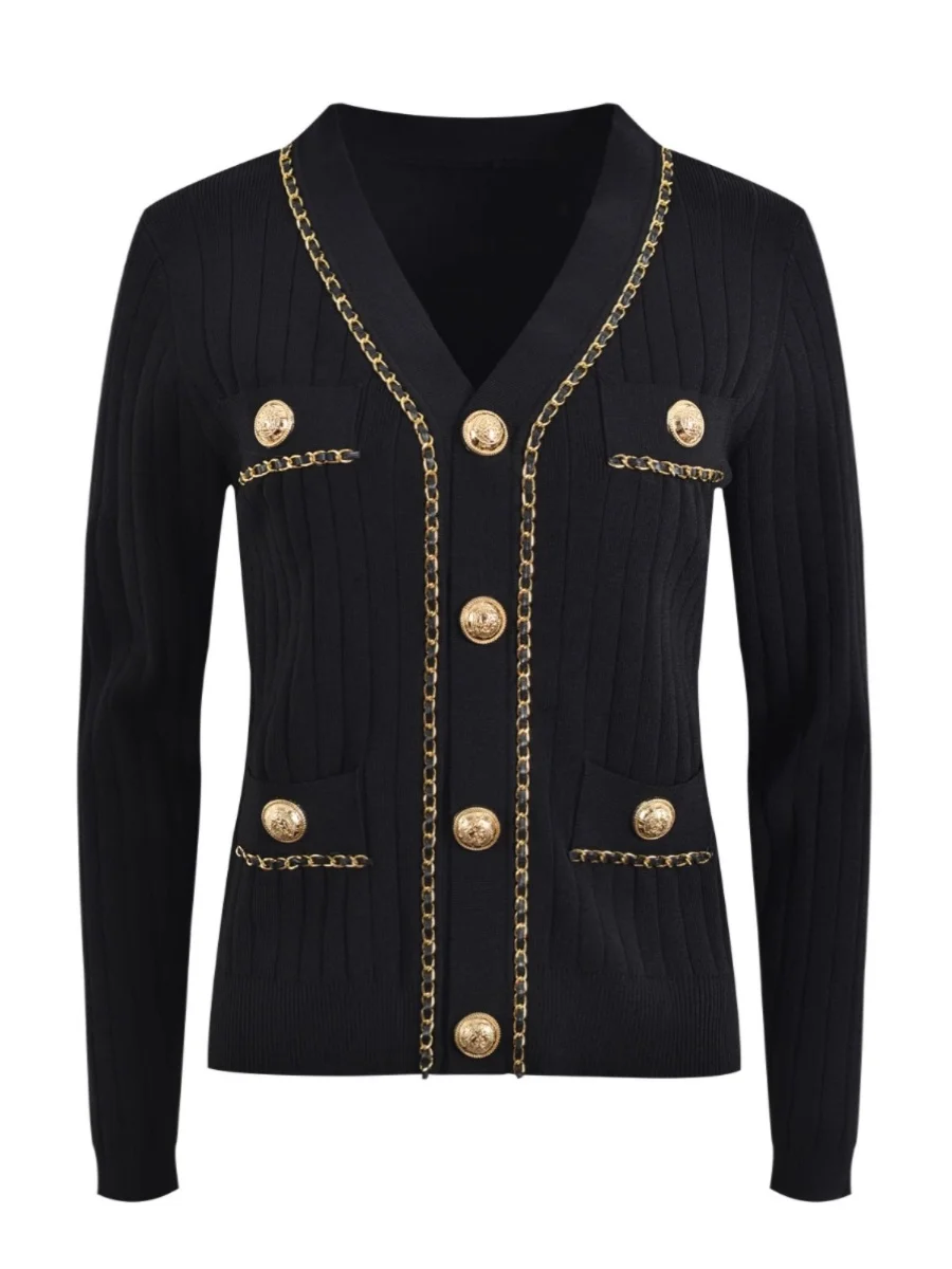 High-Quality Knitted Top Shoulder Pads Chain Single Button Slimming Lady Style Short Outerwear V-Neck Long Sleeve Ice Silk