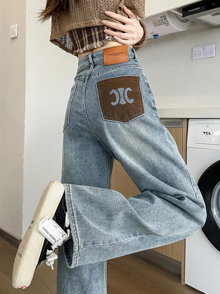 

Embroidered Wide Leg Jeans Women's Spring Summer New Loose Small Size Slim Straight Cut Trousers High Waist Long Pants