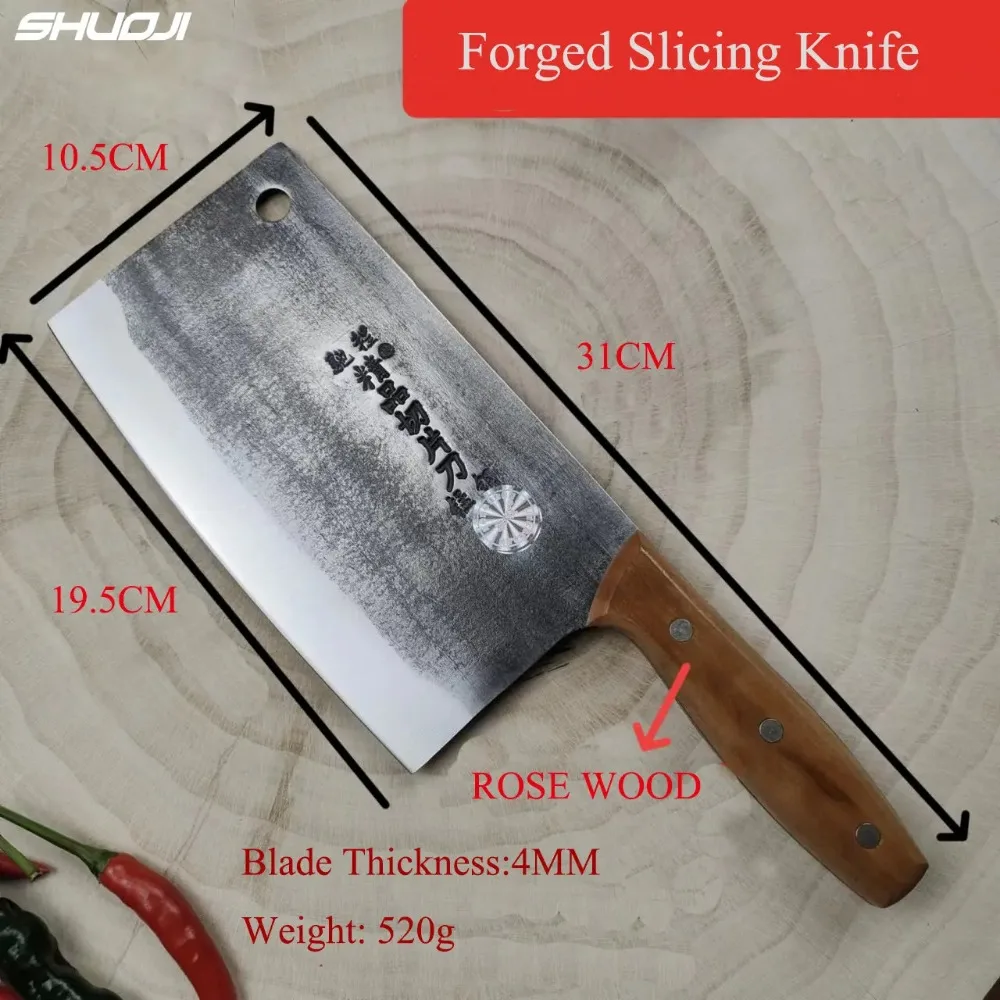 Old-fashioned Chinese Kitchen Cleaver Knife Traditional Handmade Forged Knife High Carbon Steel Slicing Knife Rose Wood Handle