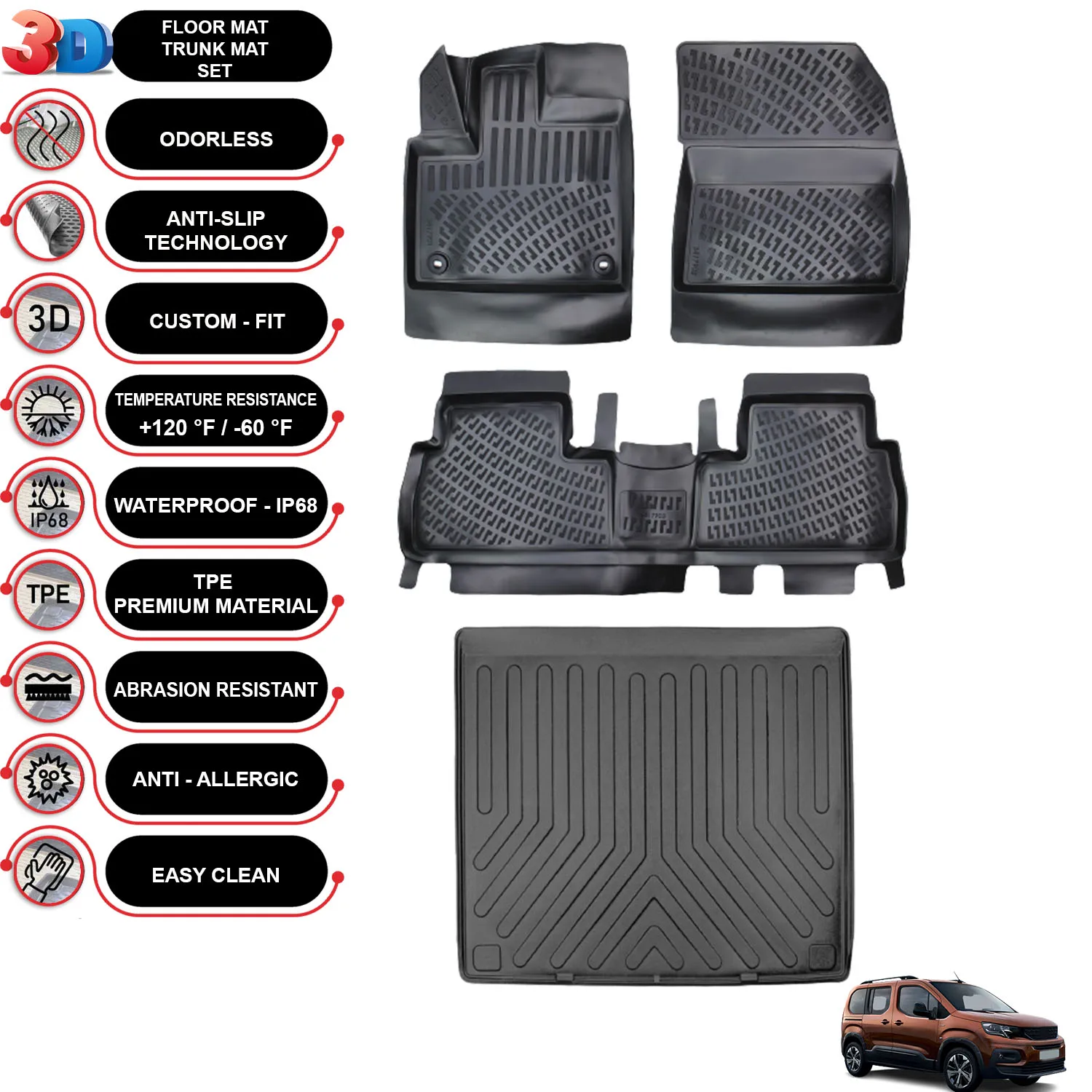 

Peugeot Rifter Skypack - (2019-2023) - Floor Mats + Cargo Trunk Liner - SET - (Black)