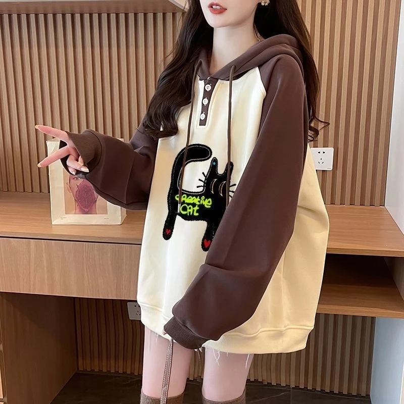 2026 FW Niche Cartoon Print Hoodie Raglan Sleeve Fleece Lined Loose Fit Top