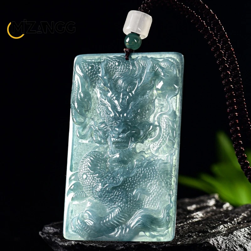Natural Jadeite Blue Water Imposing Dragon Pendant Hand-Carved Luxurious & Exquisite Ice-Type Jade Necklace Unisex Holiday Gift
