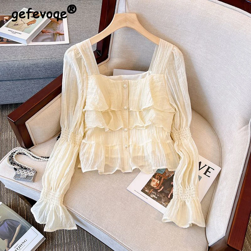 Women French Style Stylish Ruffles Sweet Chiffon Blouses Square Collar Beaded Button Chic Shirts Solid Long Sleeve Slim Fit Tops