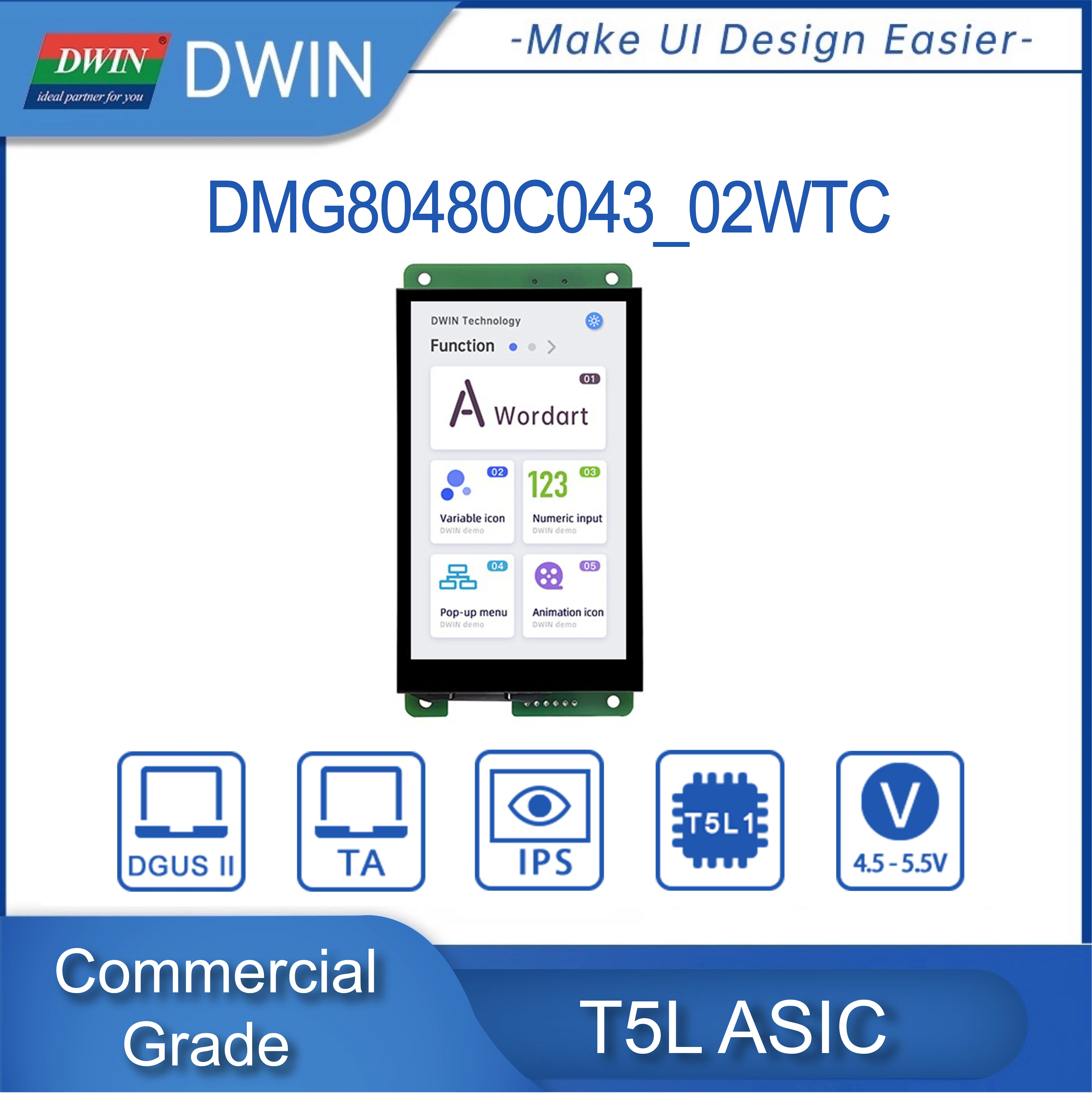 DWIN 4.3 Inch TFT LCD Module 800*480 Pixel Commercial Touch Screen TTL Smart Didplays HMI DMG80480C043_01W/02W
