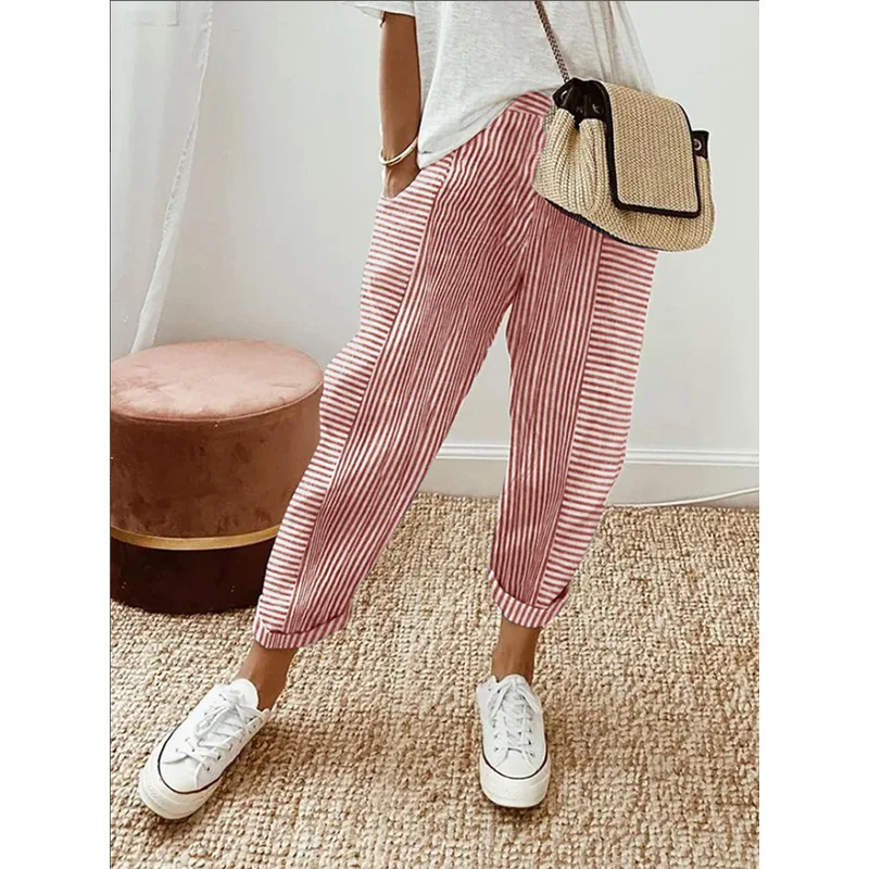 2024 Summer New Woven Jacquard Stripe Splicing Design Loose Casual Pants Women\'s Versatile Small Leg Pants Long Pants