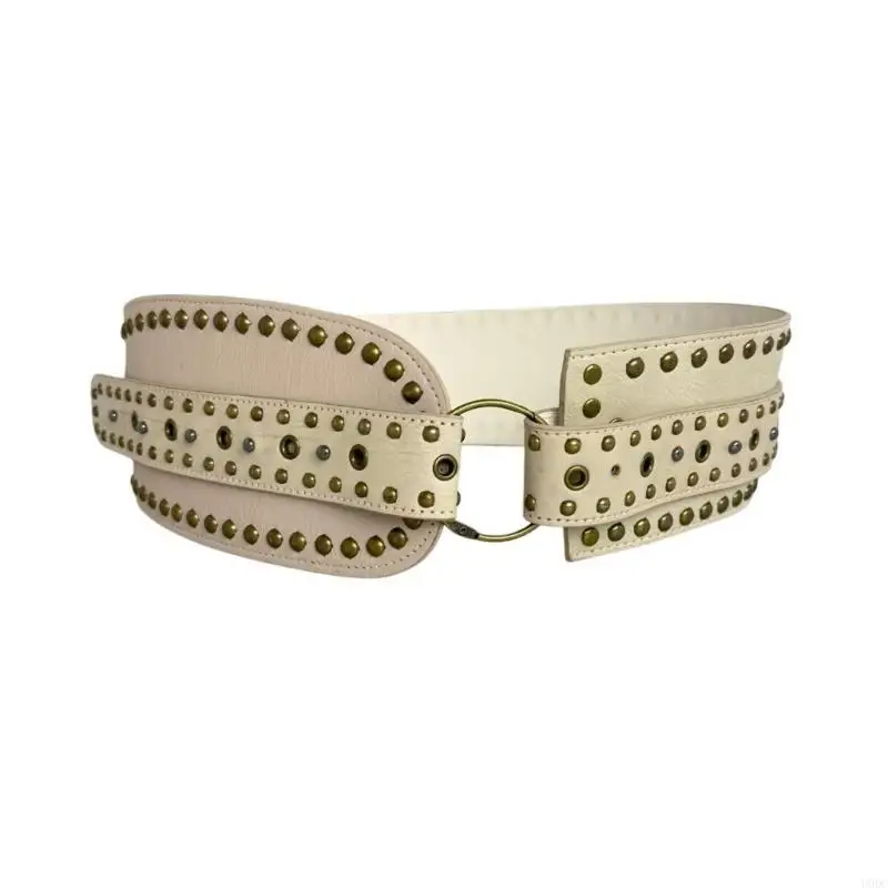 Faux Leather Elastic Waistband No Tool Adjustment Belt With Metal Studs Accent For Dresses And Oversize Coats Y166