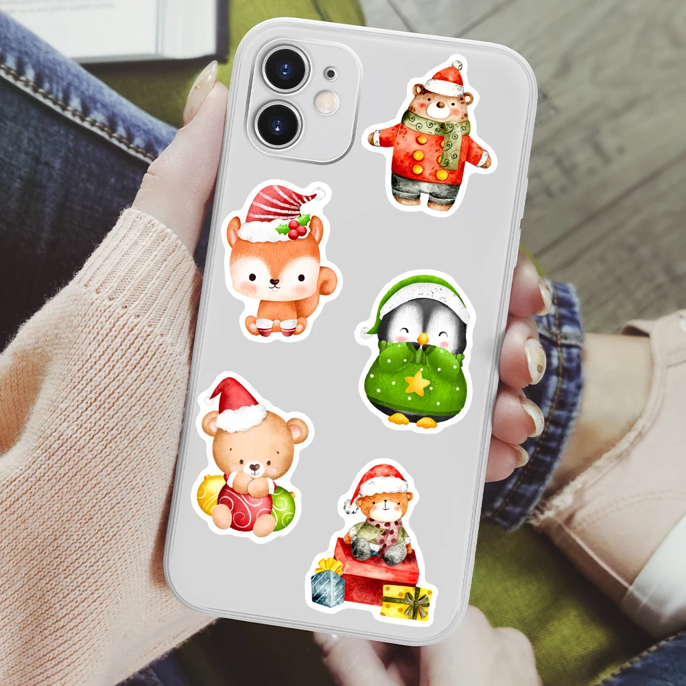 Fun Cartoon Christmas Animals Stickers Cute Bear Moose Penguin for DIY Crafts Kids Gift Toys Waterproof Decal Luggage Decorative