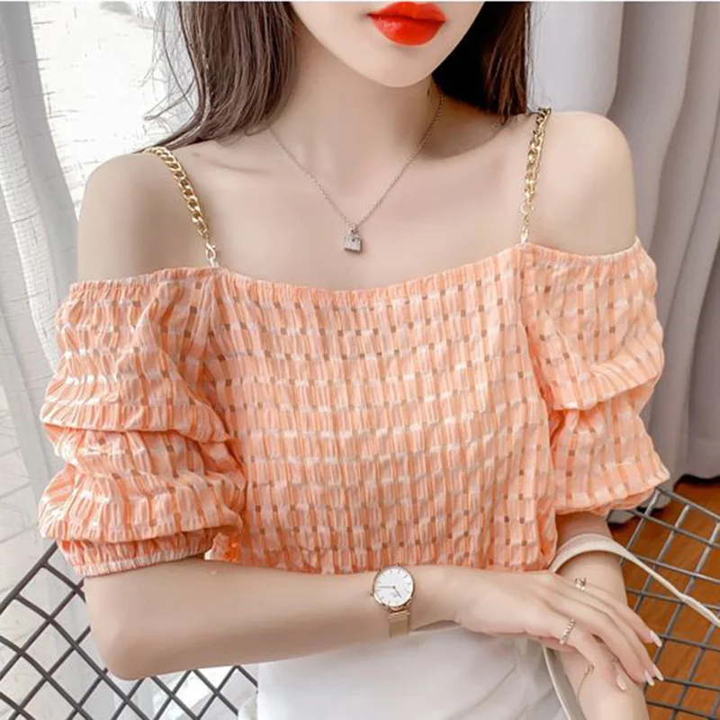 Blusa feminina sem encosto de manga folhada, elegante com gola, dobras soltas, pulôveres casuais, camisa doce que combina com tudo, roupa de verão, nova, 2023