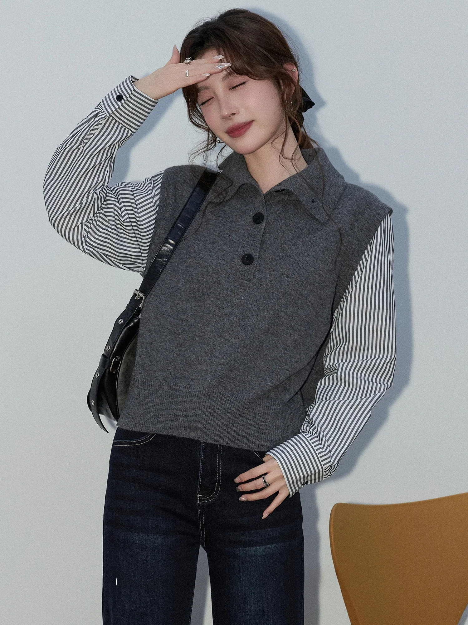 

Princ Sle Ne Knitted Vest Women's Spring Stripe Patchwork irt Vest Breathable Skin-Friendly Long Sve Casual ...