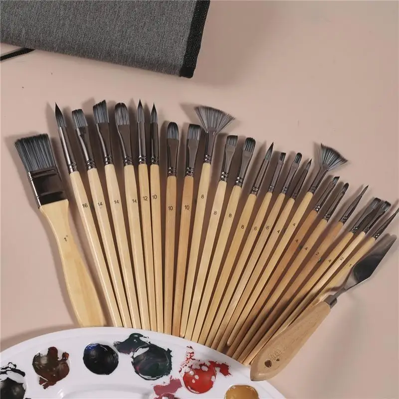 127C 24Kit Artist Paintbrushes Scraper with Bag for Acrylic Oil Watercolor Nylon Hair for Beginner Student Amateur Painter