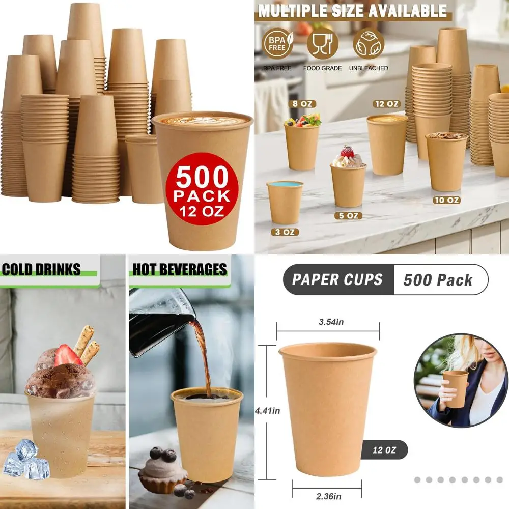 

12 oz Disposable Paper Cups - 500 Pack for Hot/Cold Beverages, Ideal for Parties, Picnics, and Travel