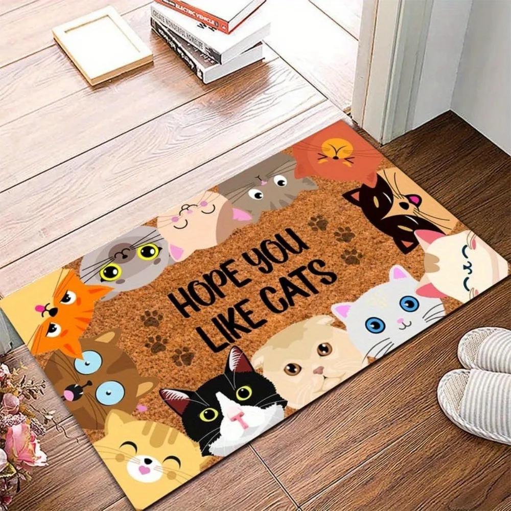 Hope You Like Cats Doormat Cartoon Colorful Cat Faces Print Entrance Floor Mat Cute Animal Welcome Mat Home Decor Rug