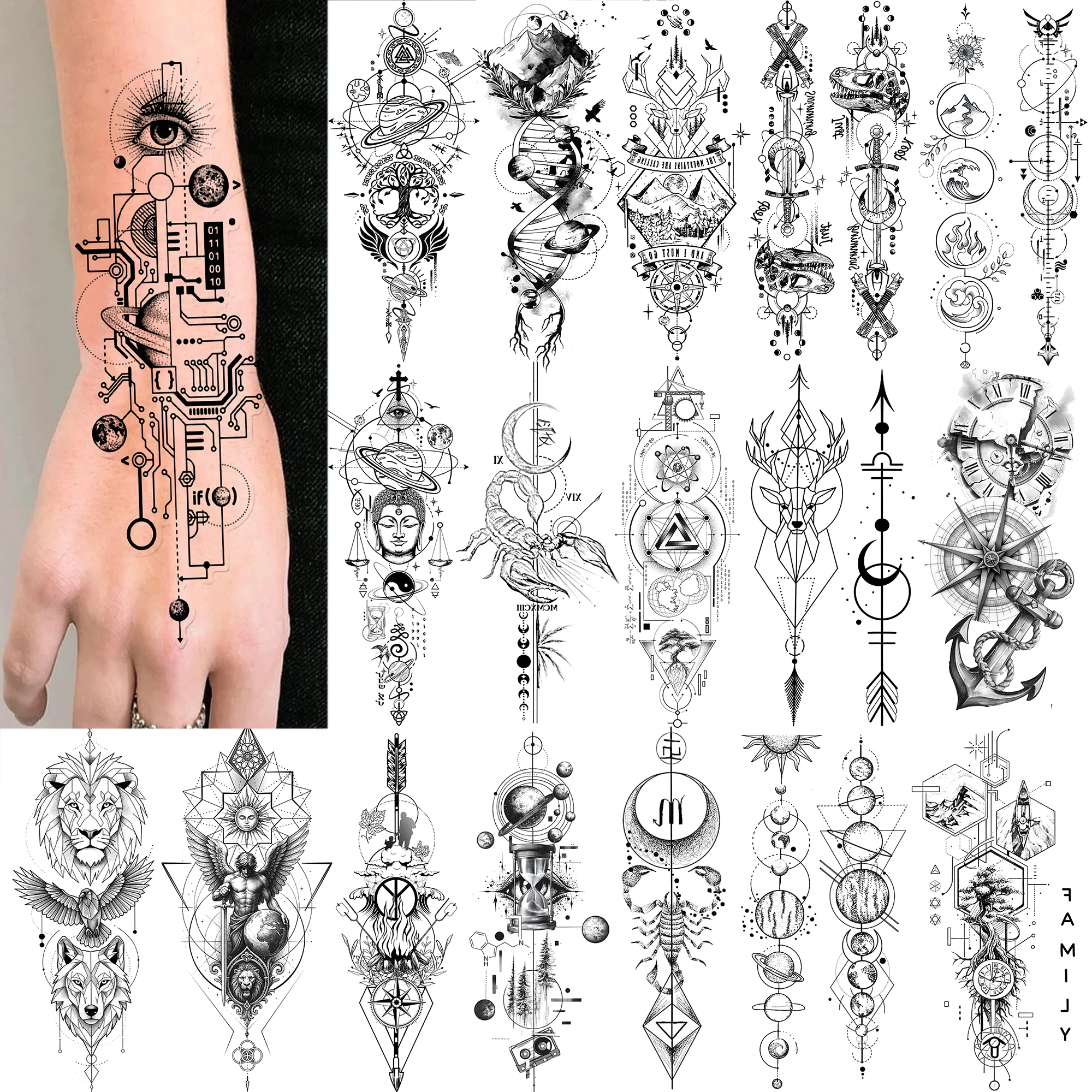 

1 Sheet Cosmic Planet Geometric Arrow Temporary Tattoos Men Women Forearm Neck, Waterproof Durable Realistic Fake Tattoo Sticker