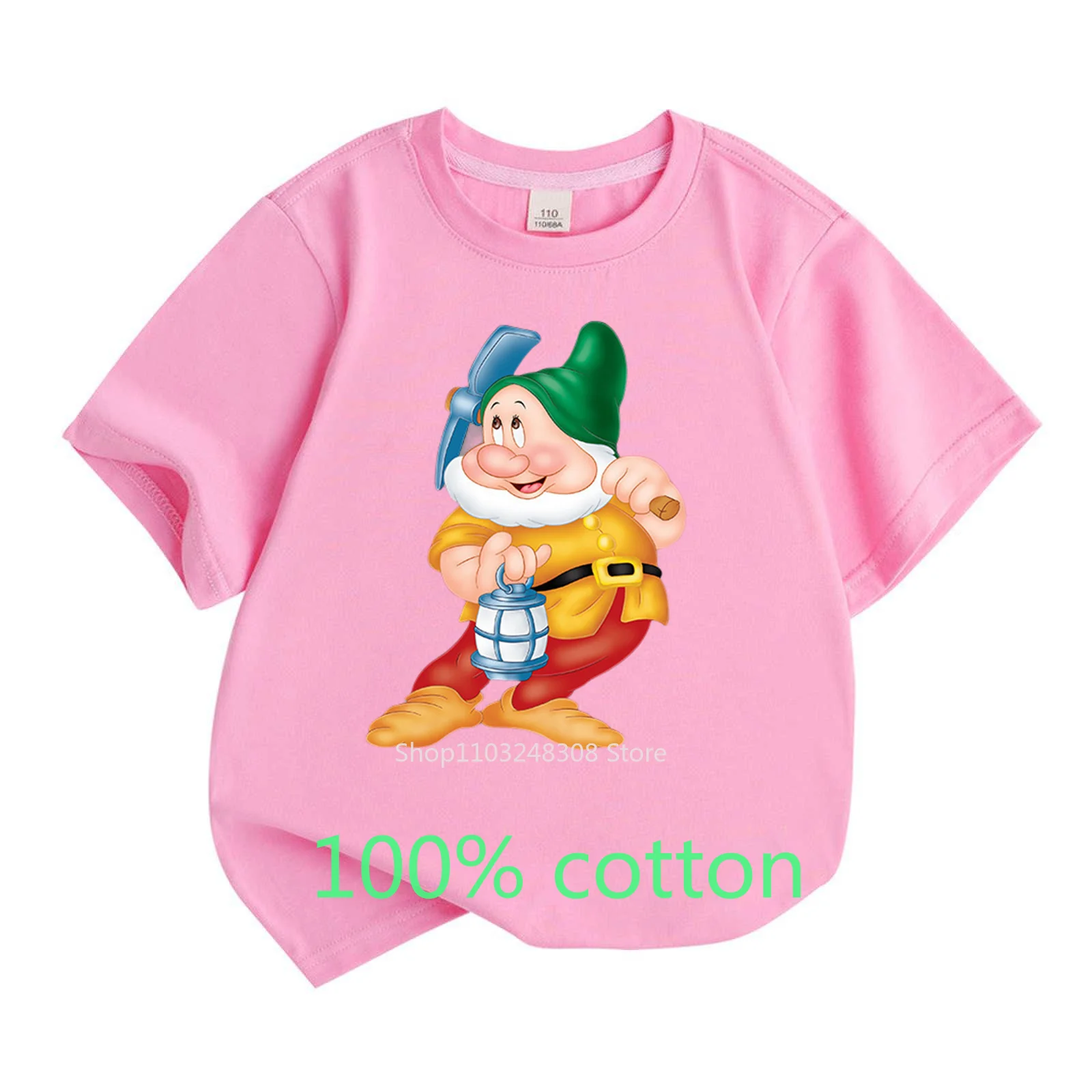 Summer Children\'s Clothes 100%Cotton T-shirt Boys Girls Kids Tops Dwarf Cartoon Round Neck Short-sleeved T-shirt Toddler 2-15Y